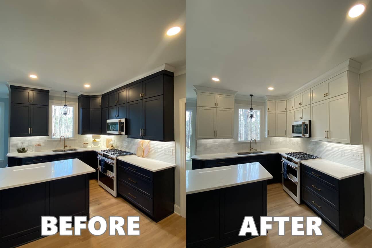 the before and after pictures of a successful cabinet painting project involving proper kitchen cabinet paint removal