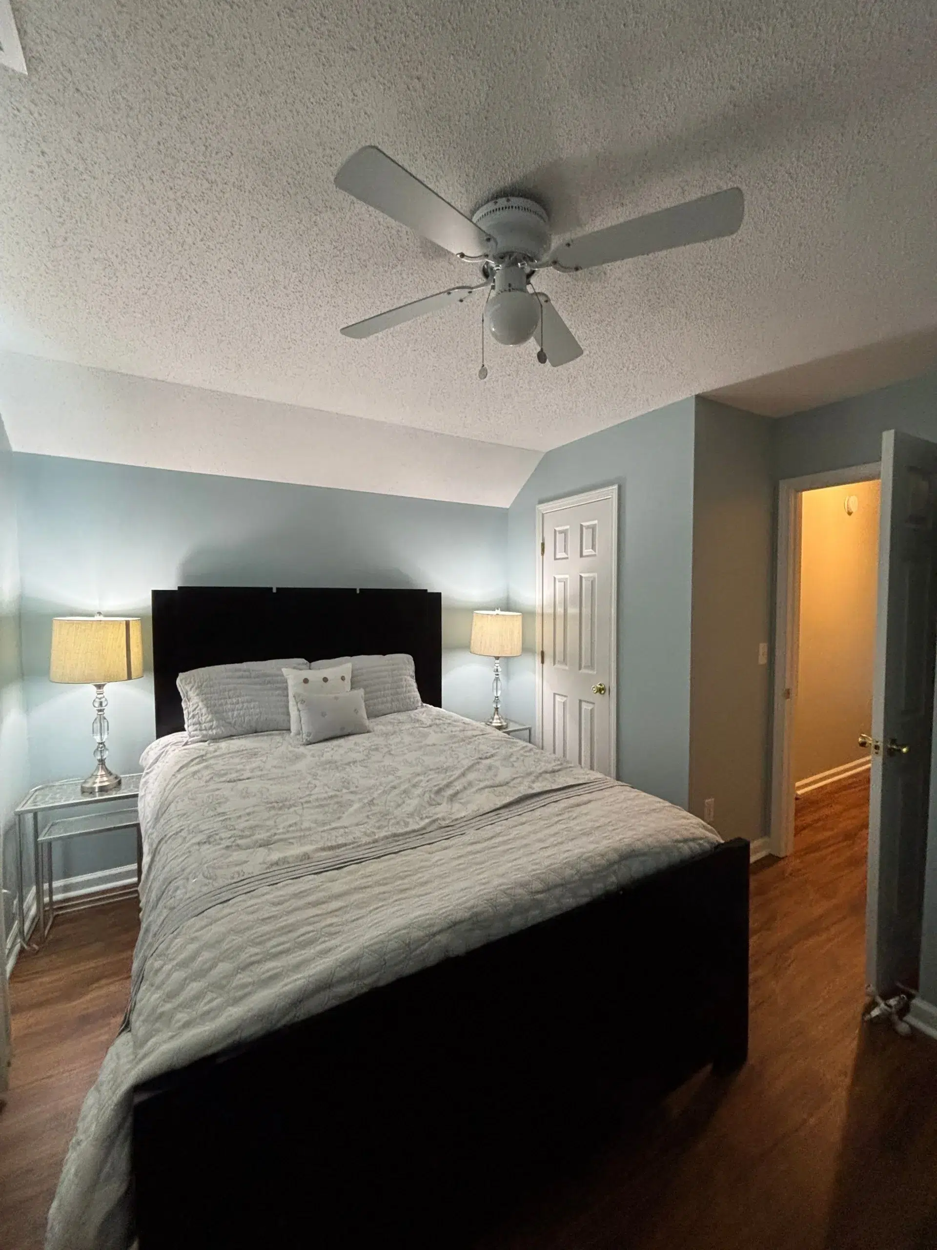 Elegant Bedroom Interior Painting with Light Blue Walls A serene bedroom interior featuring light blue painted walls and a crisp white ceiling.