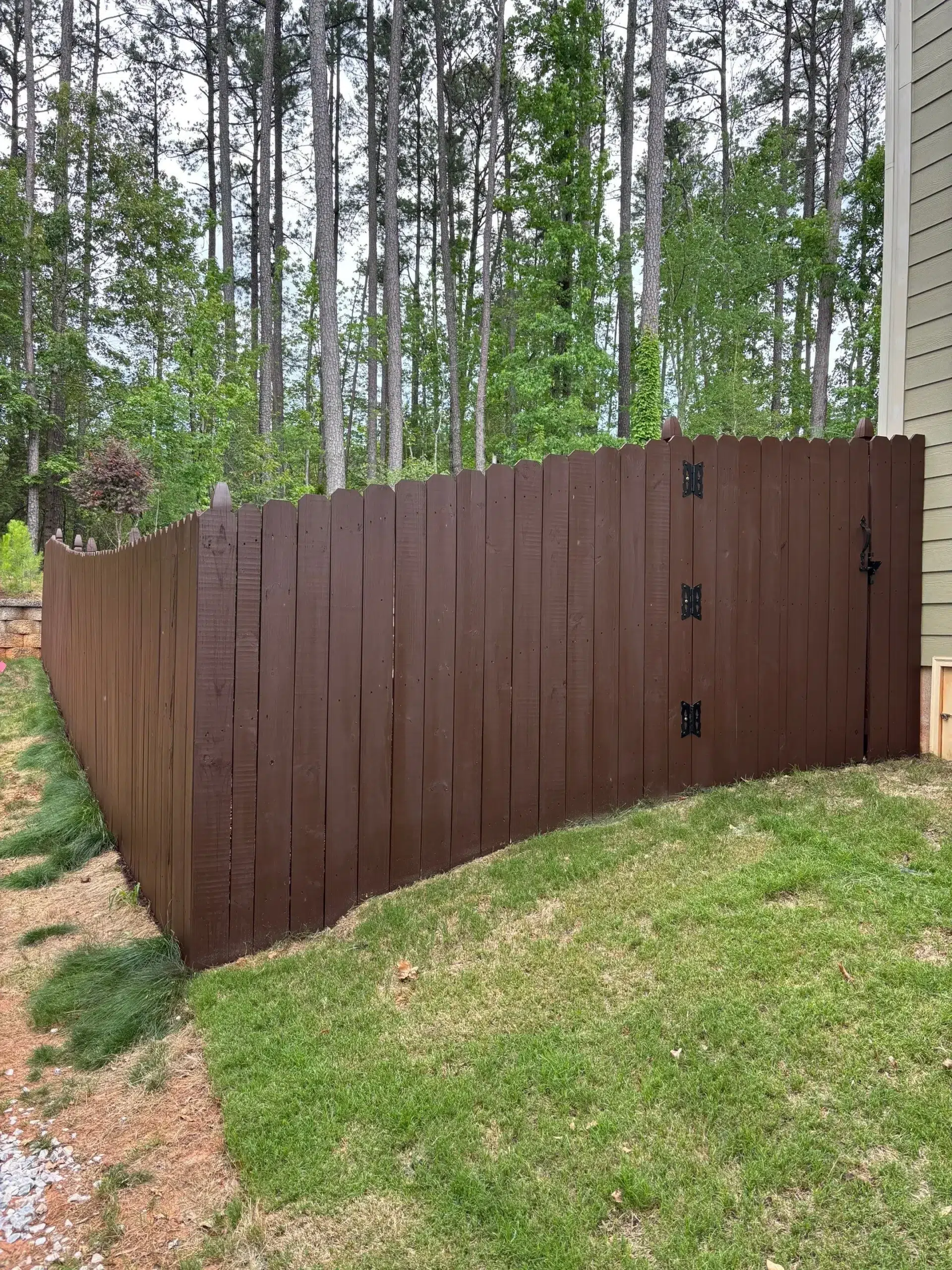 Durable Wood Fence Painting for Backyard Privacy A freshly painted dark brown wooden privacy fence standing tall against a backdrop of green trees.