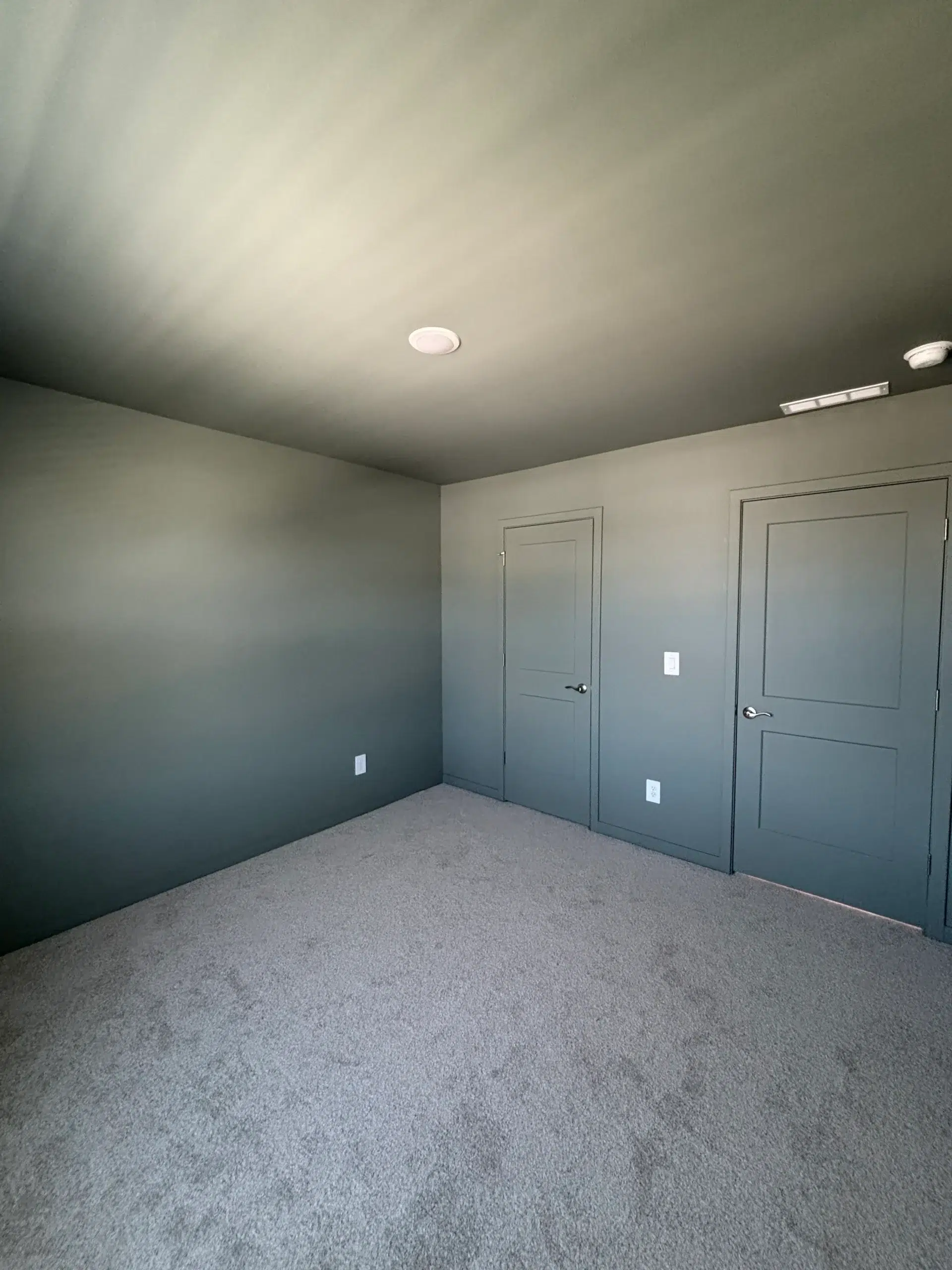 Modern Dark Green Interior Room Painting Service An empty room with newly painted dark green walls and ceiling, showcasing professional interior painting services.