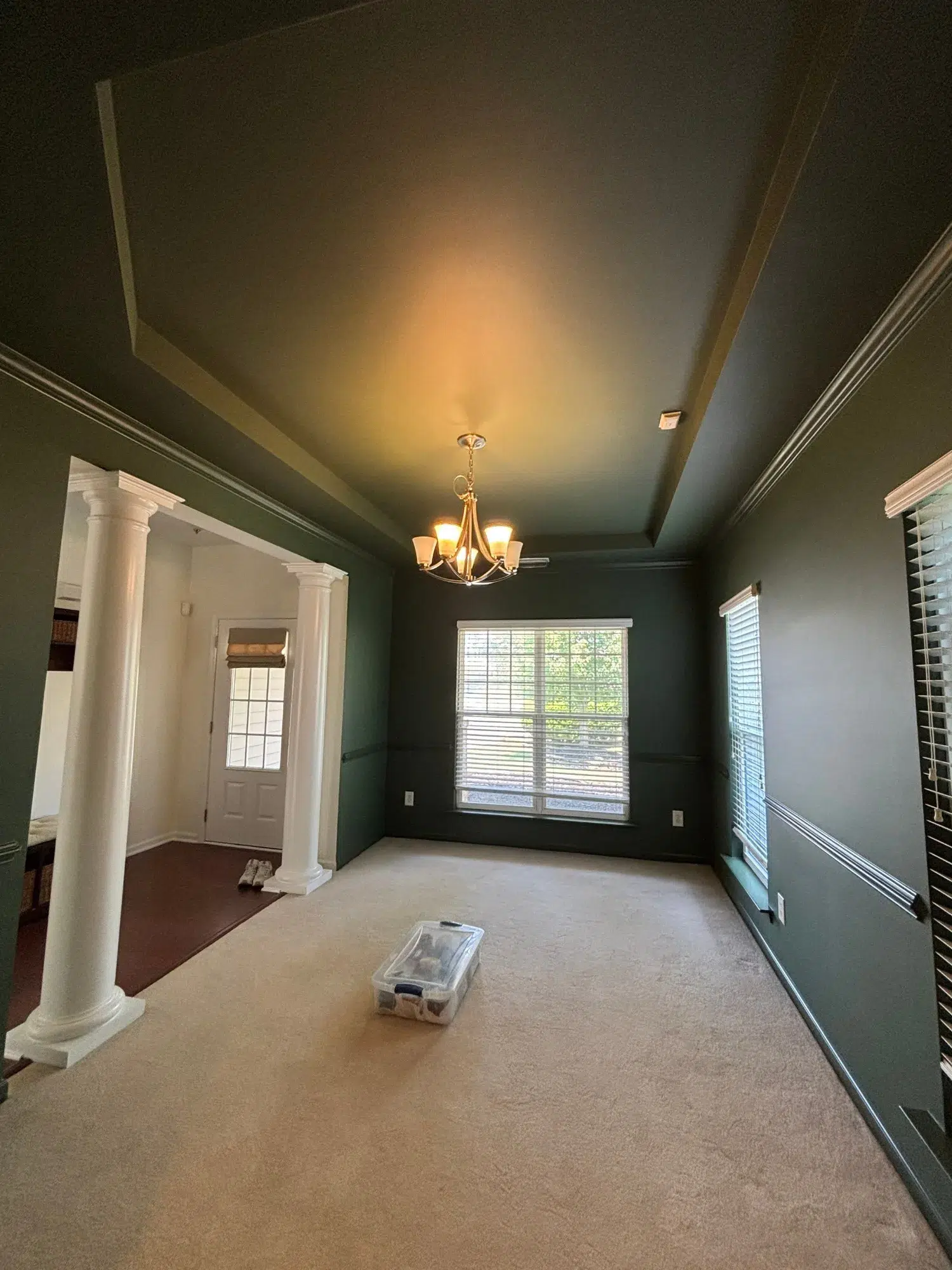 Dark Green Painted Bedroom Interior Dark green painted bedroom walls with white crown molding, white-trimmed windows, brass chandelier, and tan carpet flooring